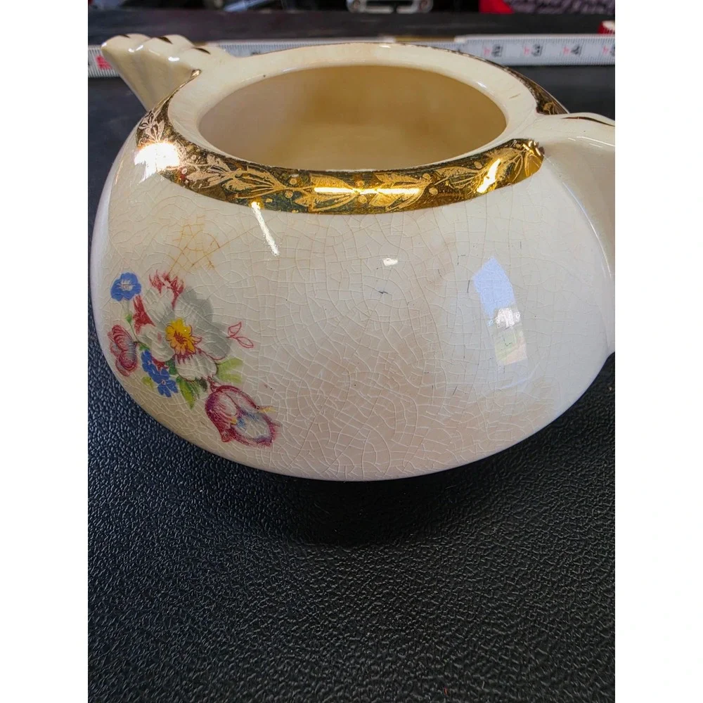 Vintage Floral Ceramic Sugar Bowl with Lid 22K Gold Trim Crazed Glaze Cream
